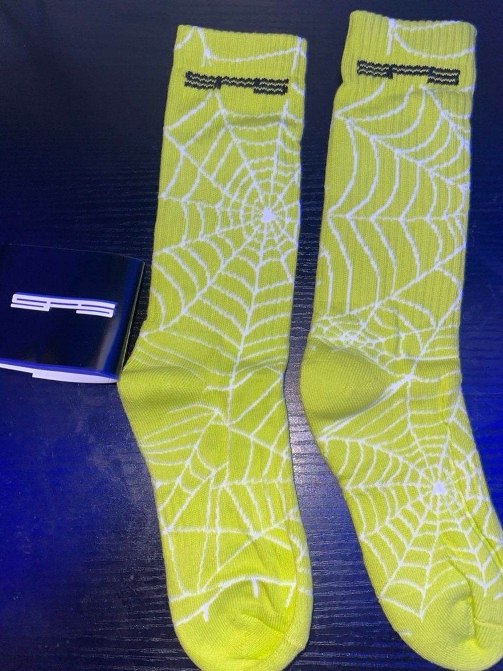Men's Neon Yellow Spiderweb Crew Socks - Bold Pattern